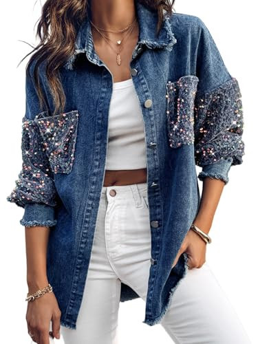 CHICME Womens Casual Denim Jacket Contrast Sequin Long Sleeve Rhinestone Denim Jackets-ldb-M | Amazon (US)
