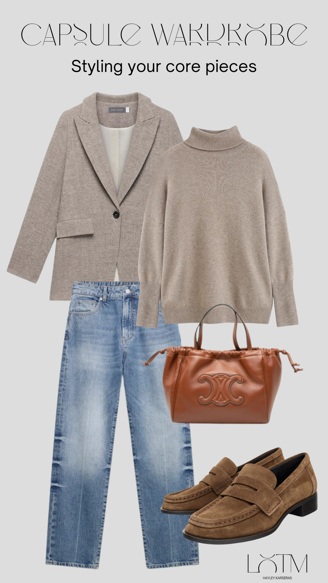 Styling my capsule wardrobe: Herringbone blazer, taupe roll neck, cashmere, blue jeans, Celene, brown handbag, suede loafers 

 

#LTKuk #LTKeurope #LTKstyletip