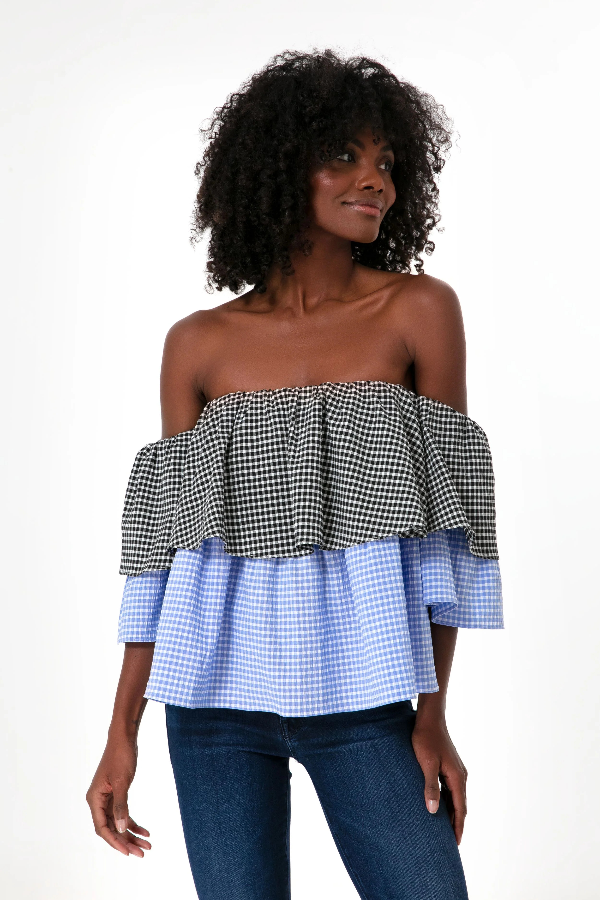 Gingham Off The Shoulder Tiered Teddy Top | Tuckernuck (US)
