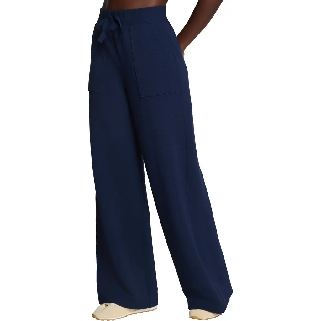 SPANX® AirEssentials Wide Leg French Terry Rib Pants in Timeless Navy at Nordstrom, Size Large | Nordstrom
