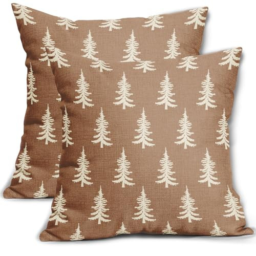 Aytipun Christmas Pillow Covers 18x18 Set of 2 Brown Xmas Tree Rustic Style Winter Print Decorative Outdoor Pillowcases Holiday Decorations Throw Cushion Case Decor for Couch Sofa Bed | Amazon (US)