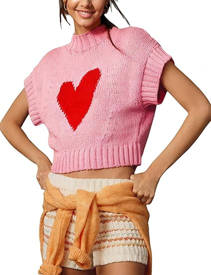 Women Cap Sleeve Sweater Vest Cute Heart Print Mock Neck Sweaters Knitted Pullover Tank Tops | Amazon (US)