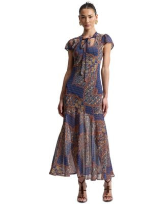 Avec Les Filles Women's Scoop Neck Tie Detail Godet Maxi Dress - Navy Medallion Scarf | Macy's