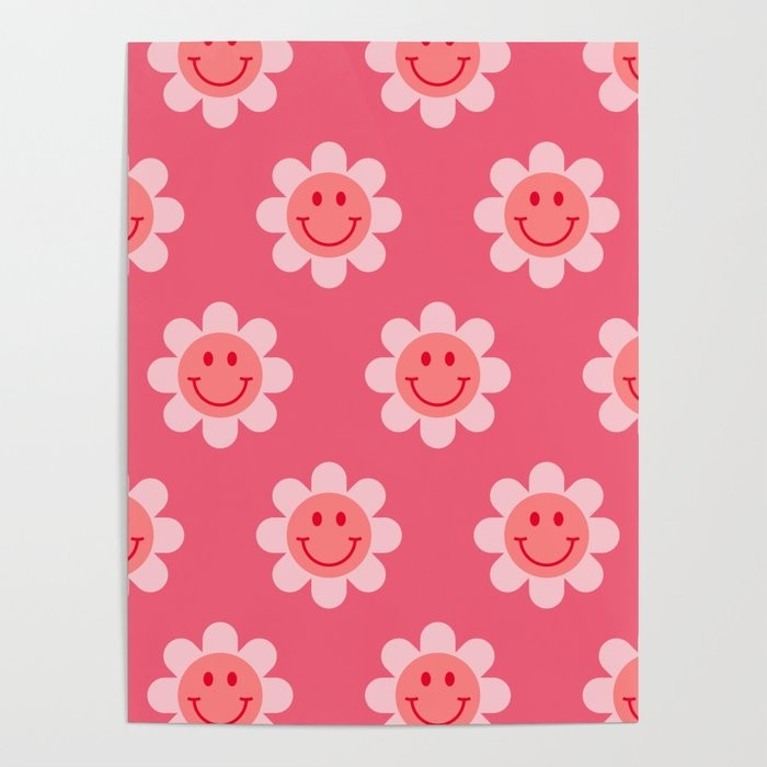 70s Pink & Red Smiley Face Pattern Poster | Society6