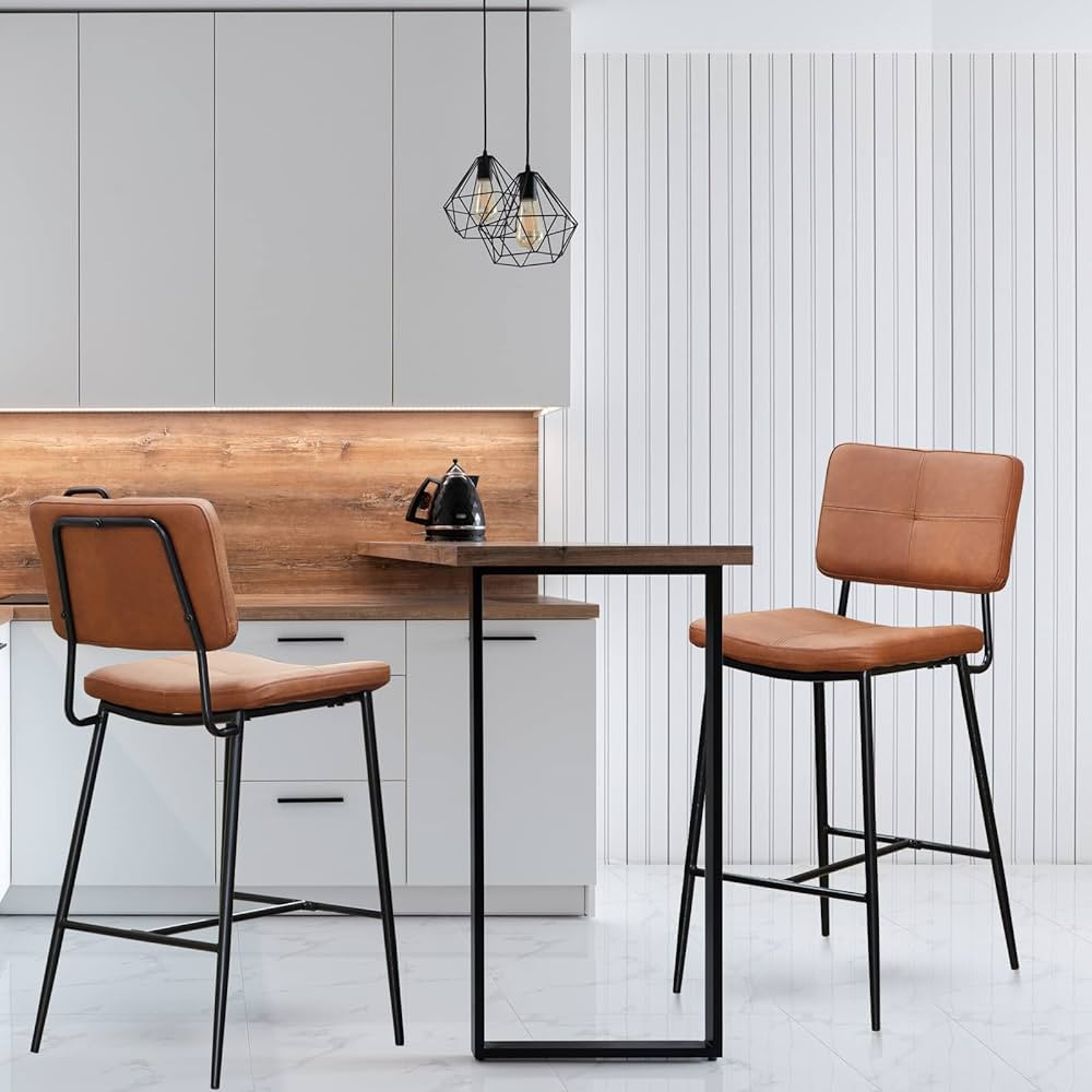 Bar Stools Set of 2-25" Modern Counter Height Barstool with Back, PU Faux Leather Metal Legs Upho... | Amazon (US)