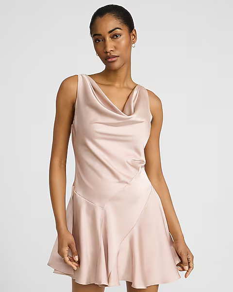 Satin Cowl Neck Fit And Flare Mini Dress | Express