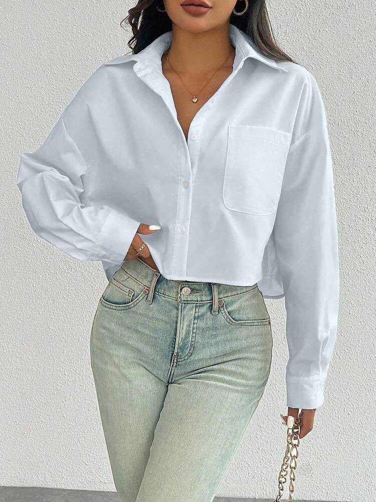 Zielony Women's Solid Color Minimalist Long Sleeve Shirt, Casual Everyday Wear White Cropped Shirt Women Button Up Shirt Cropped Button Down Blouse Button Down Blouse Cropped Button Up Shirt | SHEIN