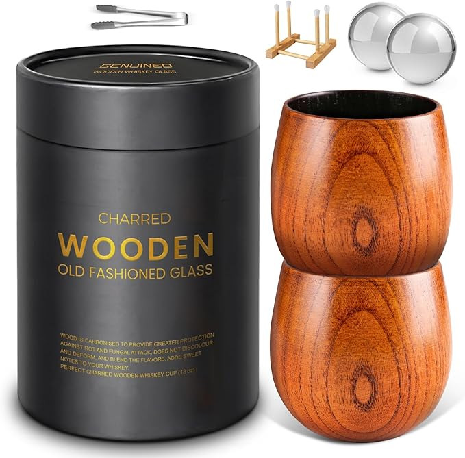 GENUINED Enlarged Charred Wooden Whiskey Glasses Set of 2, Bourbon Gifts for Men, Anniversary, Bi... | Amazon (US)