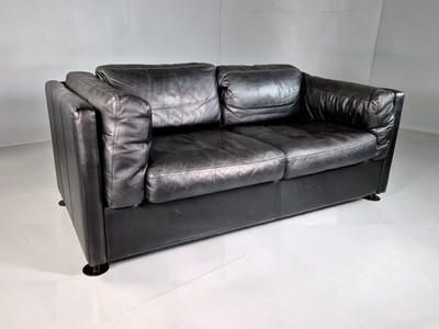 Vintage Danish 2 Seat Sofa Black Leather 1980s Retro MCM EB7162 M2SS | eBay UK
