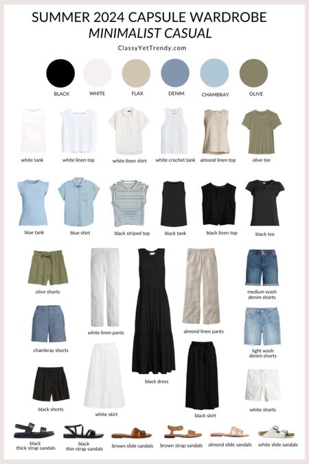 My Minimalist Casual Summer 2024 Capsule Wardrobe ☀️ The colors are black, white, flax, denim, chambray and olive.  The styles are simple and minimal.  All shopping links are on the blog. ✔️