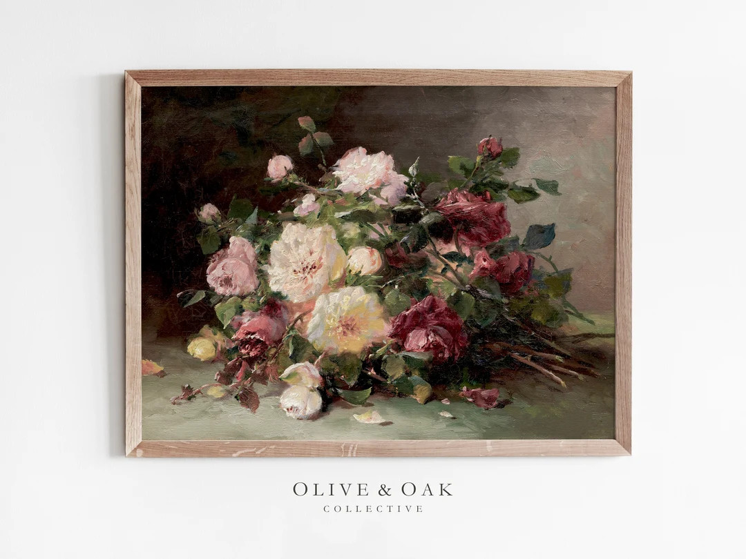 Moody Floral Painting / Pink Roses Painting / Vintage Flower Still Life / Printable Art / #545 | Etsy (US)