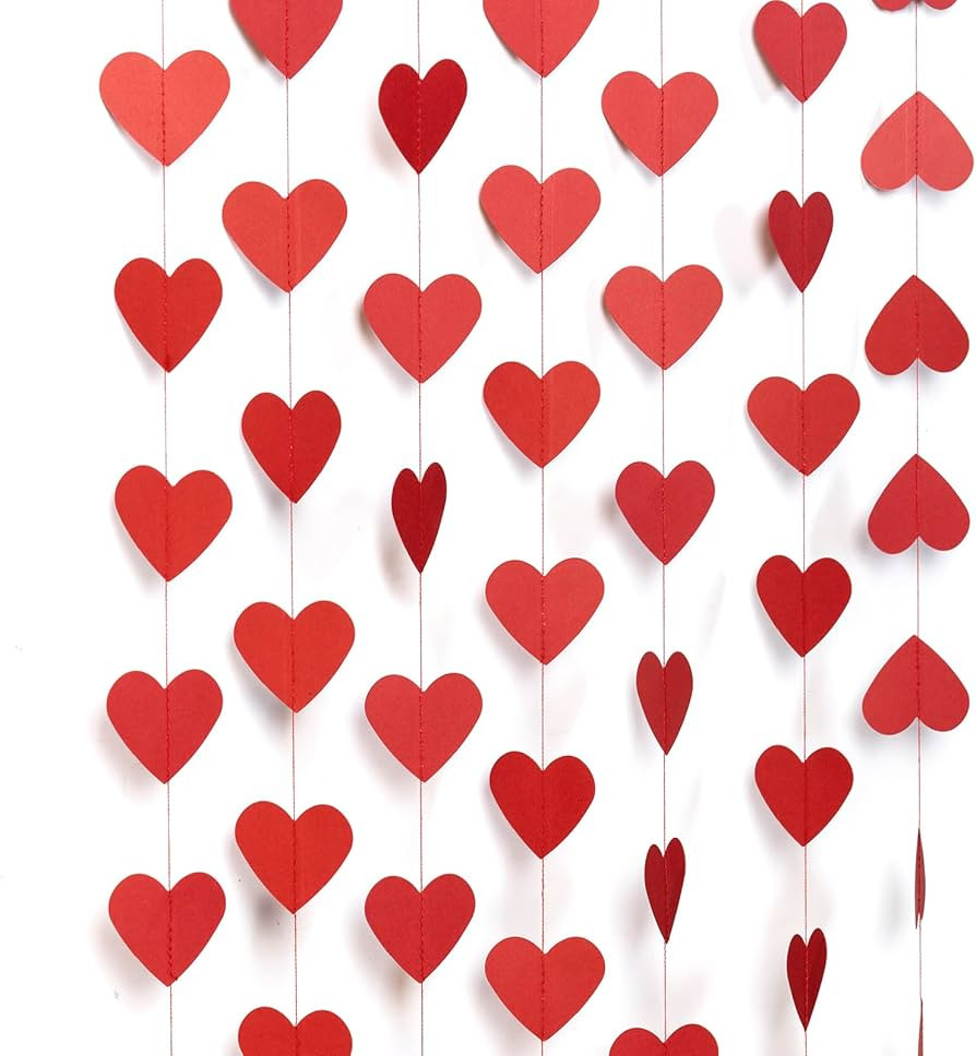 WEVEN Red Heart Paper Garland Streamers, 6 Pack (42 ft Total), 2" Hearts - Ideal for Weddings, Va... | Amazon (US)