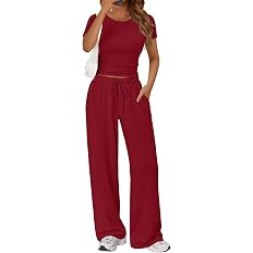 Trendy Queen 2 Piece Matching Summer Sweatsuit Lounge Set Womens Wide Leg Pants Side Ruching Crop... | Amazon (US)