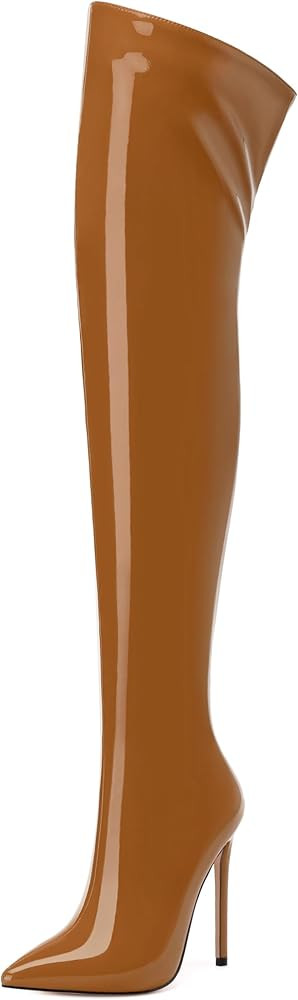 FOGEENA Over the Knee Boots for Women Stiletto High Heel Patent Leather Pointed Toe Zipper 4.7 In... | Amazon (US)
