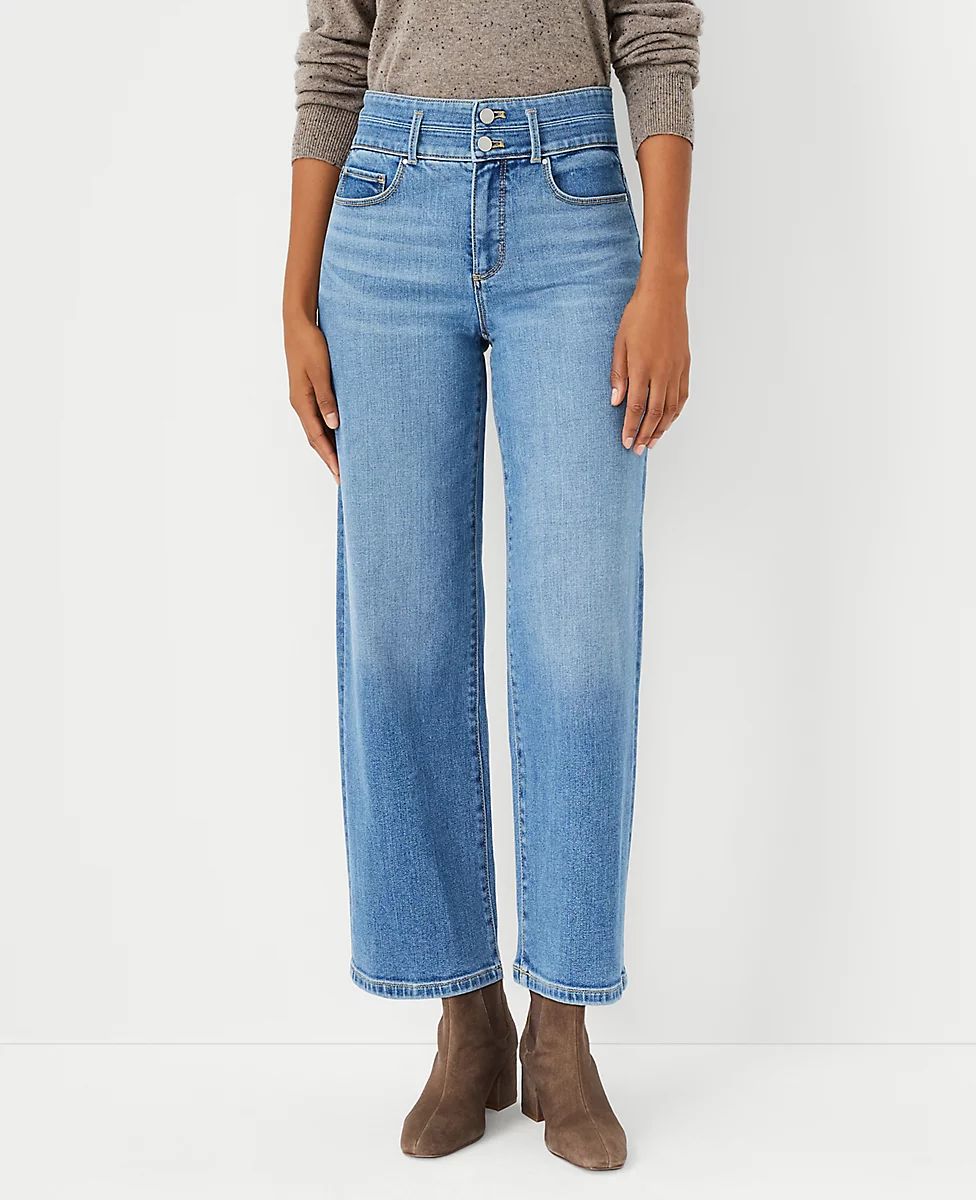 Sculpting Pocket High Rise Wide Leg Jeans in Mid Indigo Wash | Ann Taylor (US)