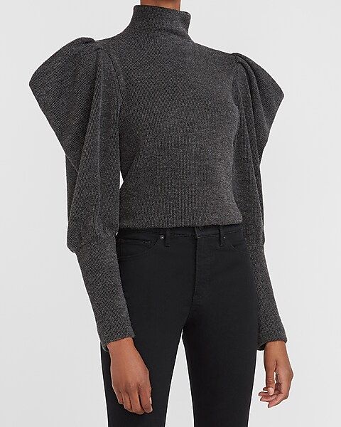 Ribbed Puff Sleeve Mock Neck Top | Express