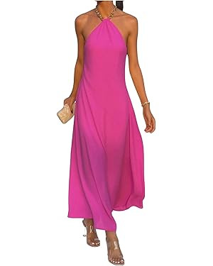 OYOANGLE Women's Sleeveless Chain Halter Maxi Dress Backless Elegant Flared Long Dresses | Amazon (US)