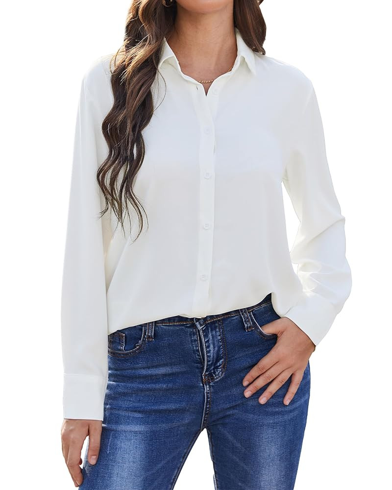 SPRING SEAON Women's Button Down Shirts Causal Collared Blouses Work Office Long Sleeve Chiffon B... | Amazon (US)