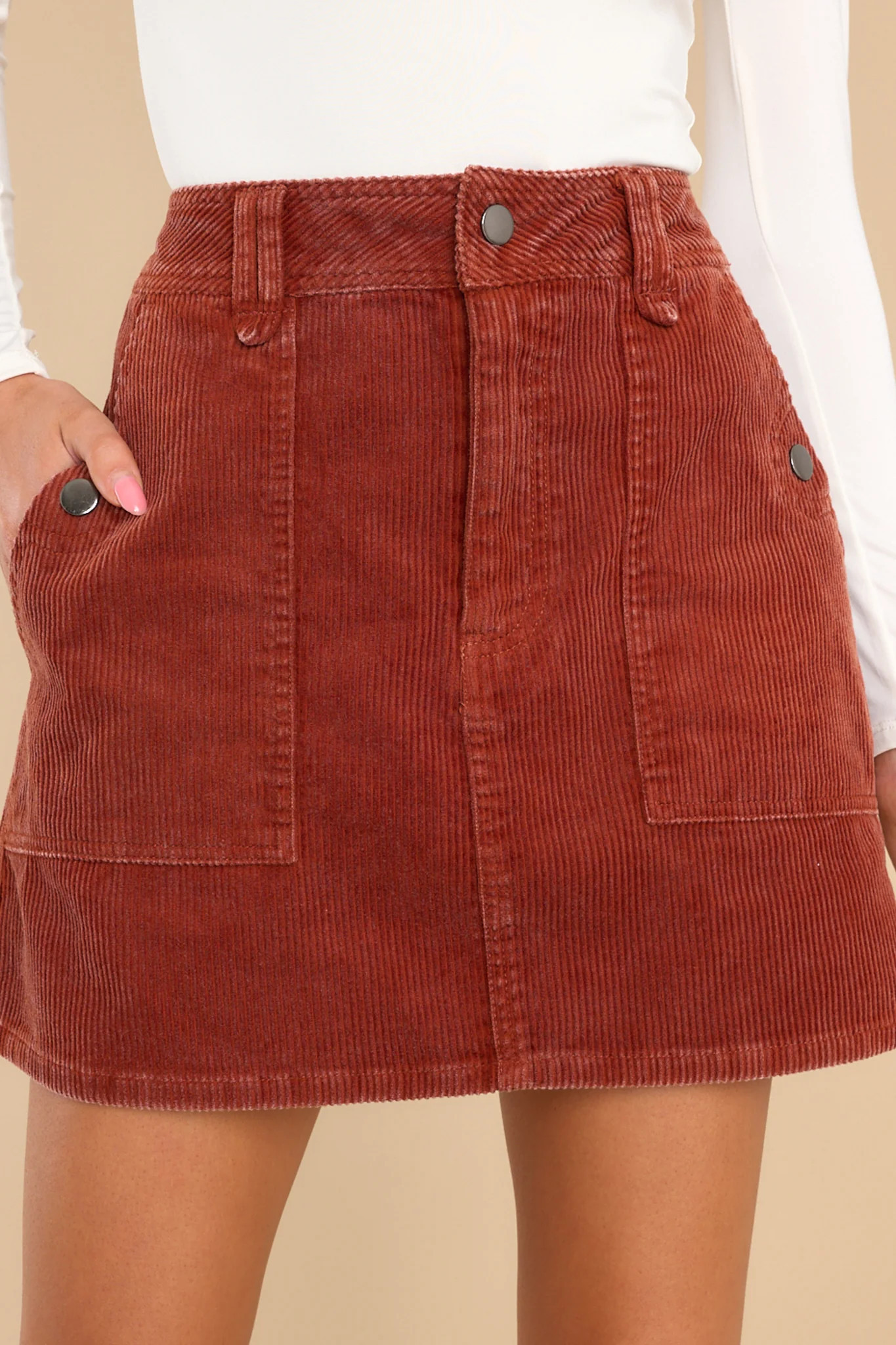 Bold Allure Rust Corduroy Skirt | Red Dress