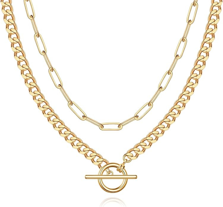 MJartoria Layered Gold Necklace for Women, Trendy Dainty Chain Necklace Adjustable Gold Necklace | Amazon (US)