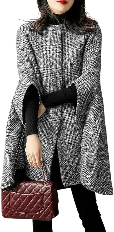 chouyatou Women's Elegant Plaid Poncho Single Breasted Winter Casual Wool Blend Cape Cloak Coat | Amazon (US)