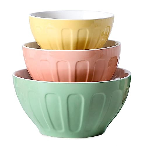 Lareina Ceramic Mixing Bowls for Kitchen, Large Nesting Mixing Bowl Set for Serving, Baking, Food Prepping, Cooking, Salad, Sourdough, Gift, Microwave Safe, Big 3.2/1.7/1.2 Qt, Set of 3, Pastel Color | Amazon (US)