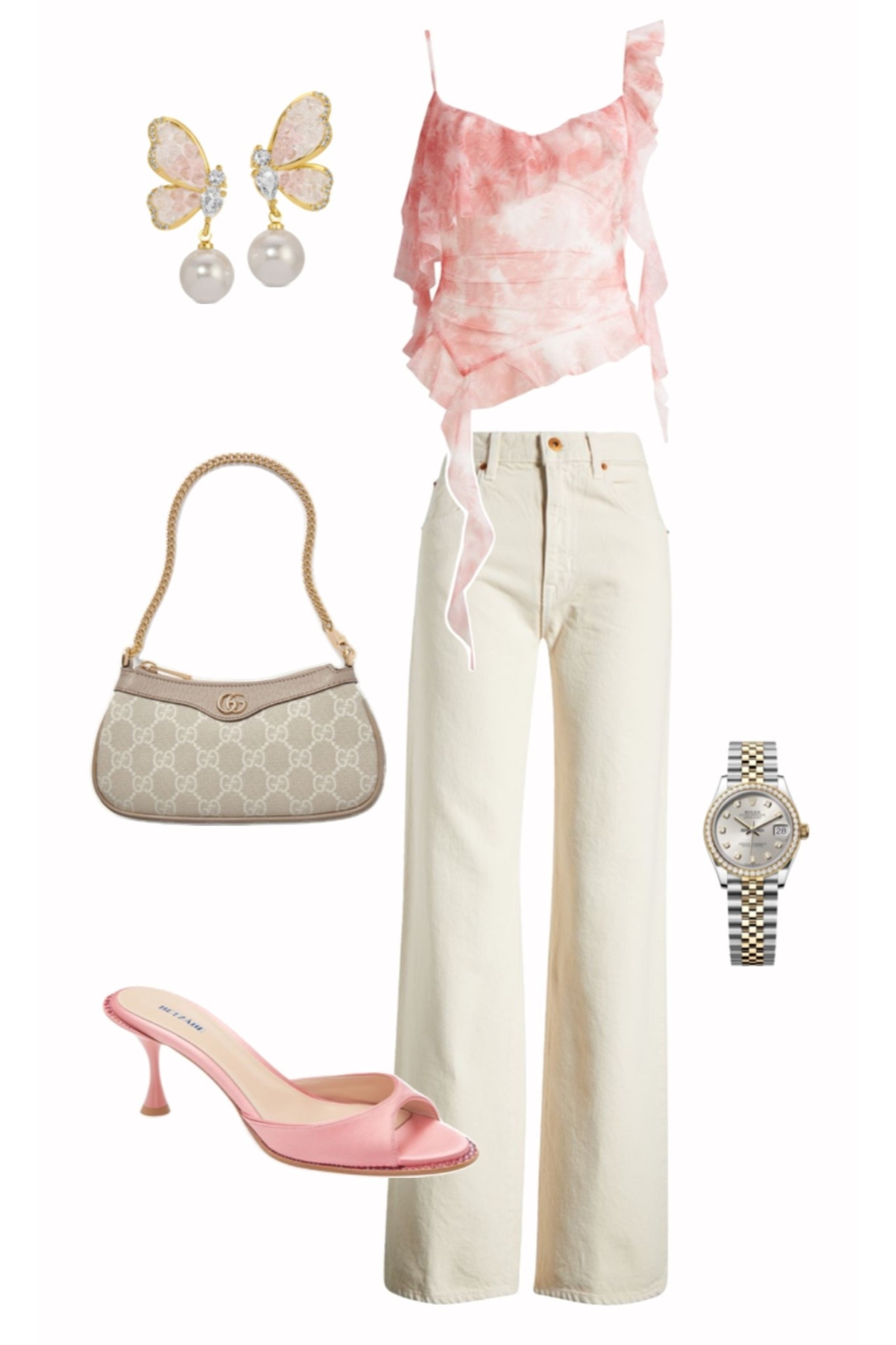 pink going out top, one shoulder blouse, feminine outfit idea, cream straight leg jeans, neutral jeans outfit, pink heels outfit, date night outfit women, bridal shower guest outfit, spring outfit ideas, classy dinner outfit, luxury inspired style, gold jewelry look, chic summer outfit, feminine classy style