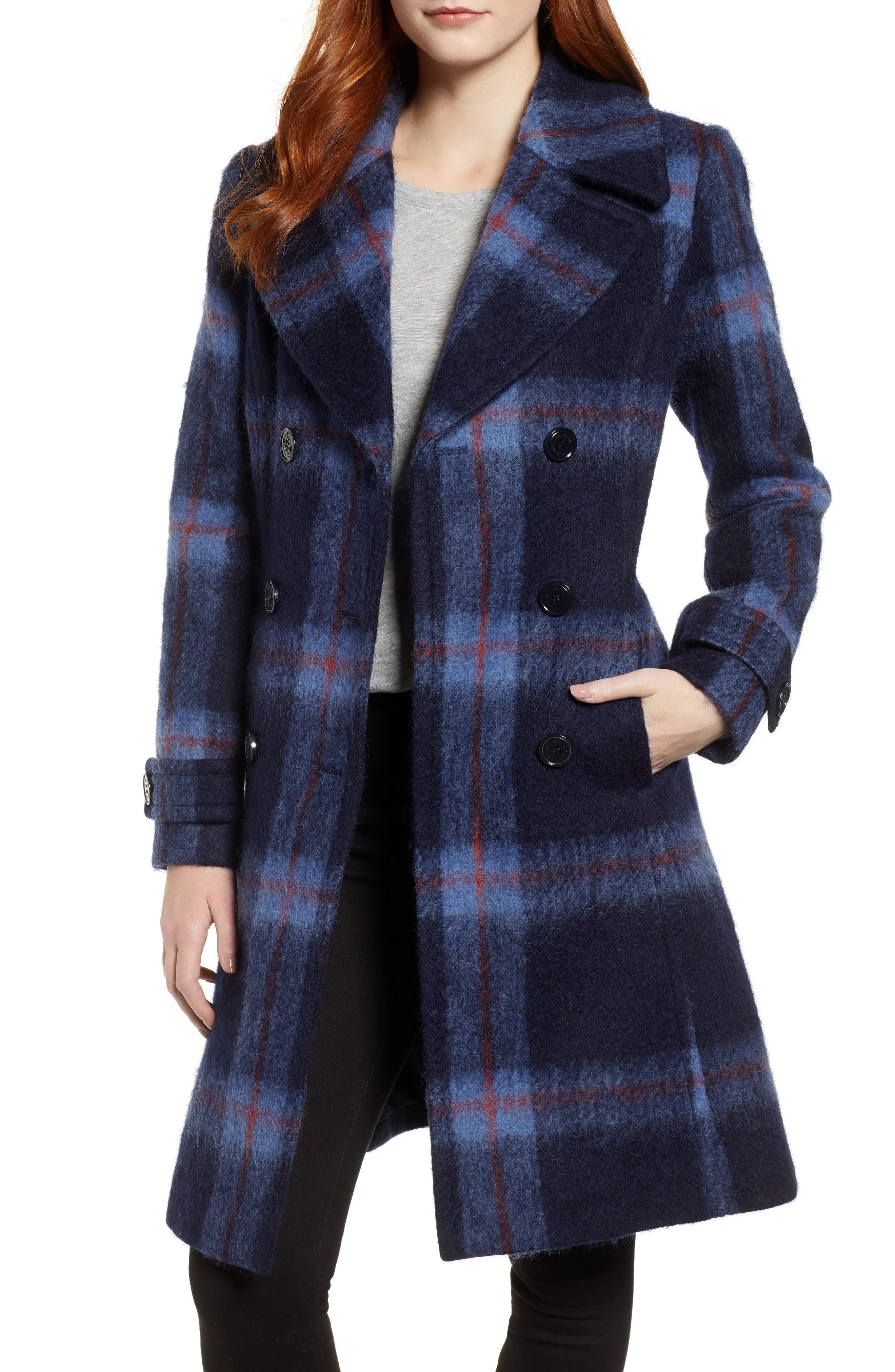 Women's Kenneth Cole New York Brushed Plaid A-Line Coat, Size X-Small - Blue | Nordstrom