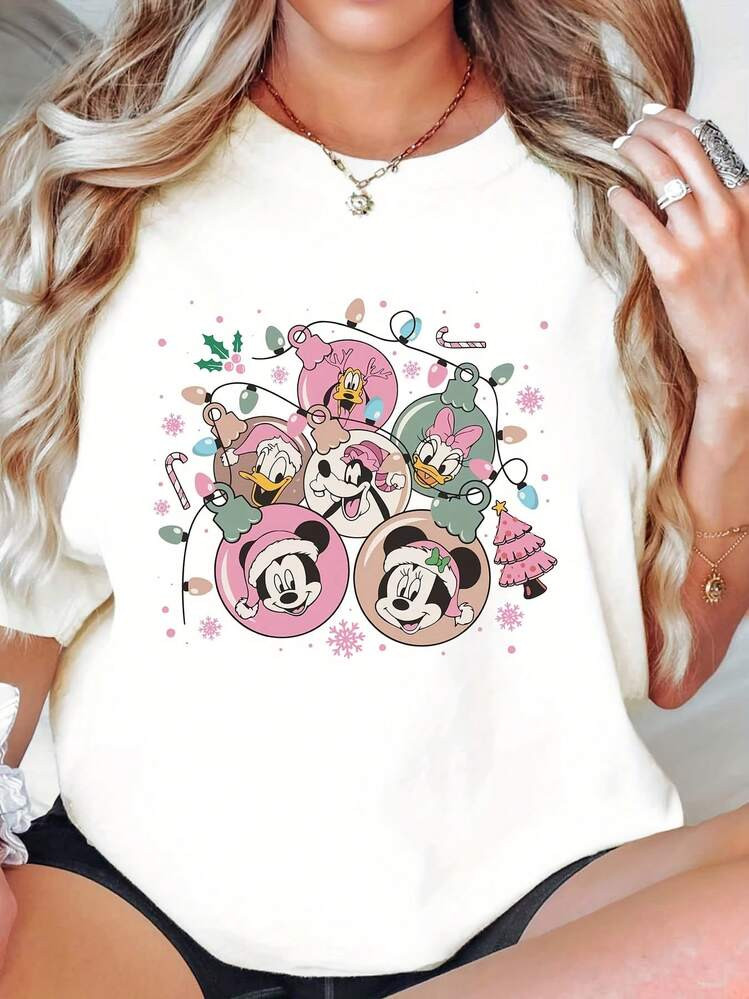 Disney Disney Christmas Mickey T-Shirt, Autumn Mickey Short-Sleeved Crew Neck T-Shirt For Women. ... | SHEIN
