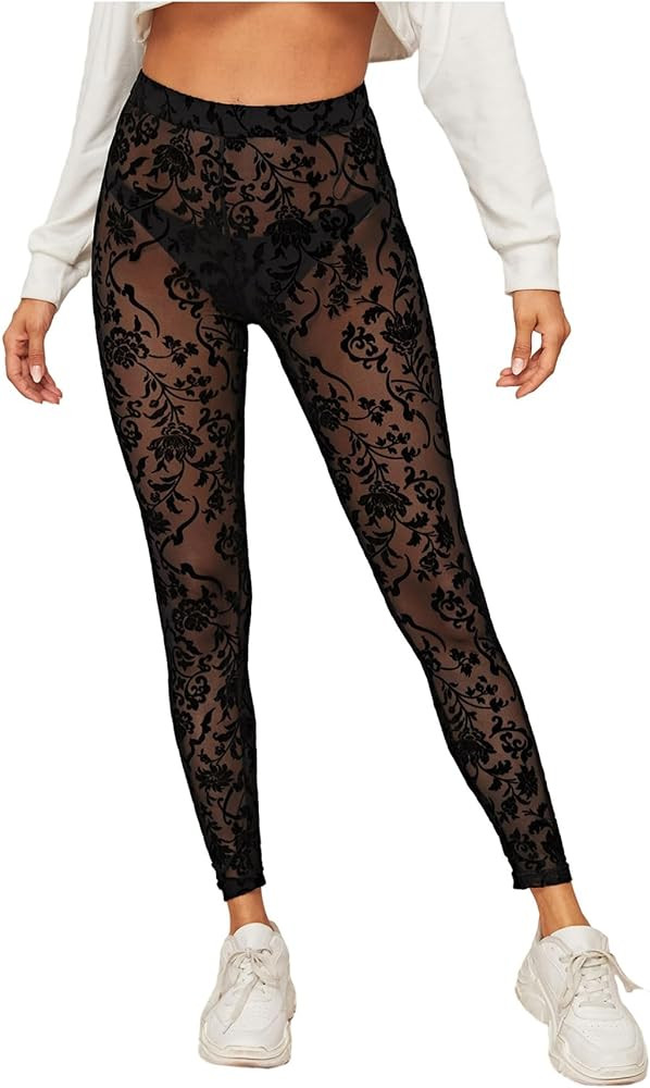 SweatyRocks Women's Floral Sheer Mesh Leggings Stretchy High Waist Pants | Amazon (US)