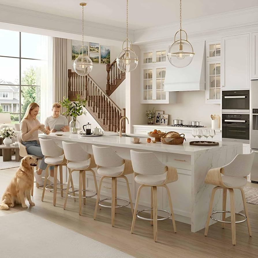 26'' Modern Barrel Swivel Counter Stools Counter Height Swivel Bar Stools with Backs Set of 6, Beige Chenille Upholstered Bar Height stools, Farmhouse Solid Wood Barstools for Kitchen Island, Home Bar | Amazon (US)