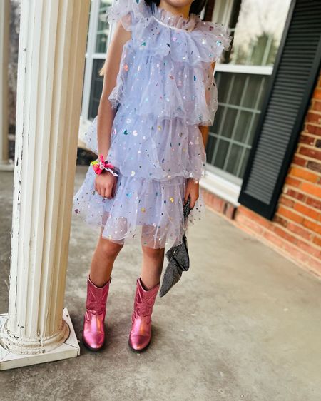 Dress is from Lola and the boys
Pink cowboy boots are old navy and sequin purse is Amazon. 