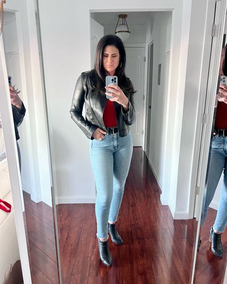 MangoPop bodysuits are the most amazing! I took a medium. I also took a medium in the belt. I linked a similar style leather jacket and the same jean in a new wash. I  found my booties on Poshmark! I’ve had them for about 10 years now  

#LTKstyletip #LTKshoecrush #LTKfindsunder50