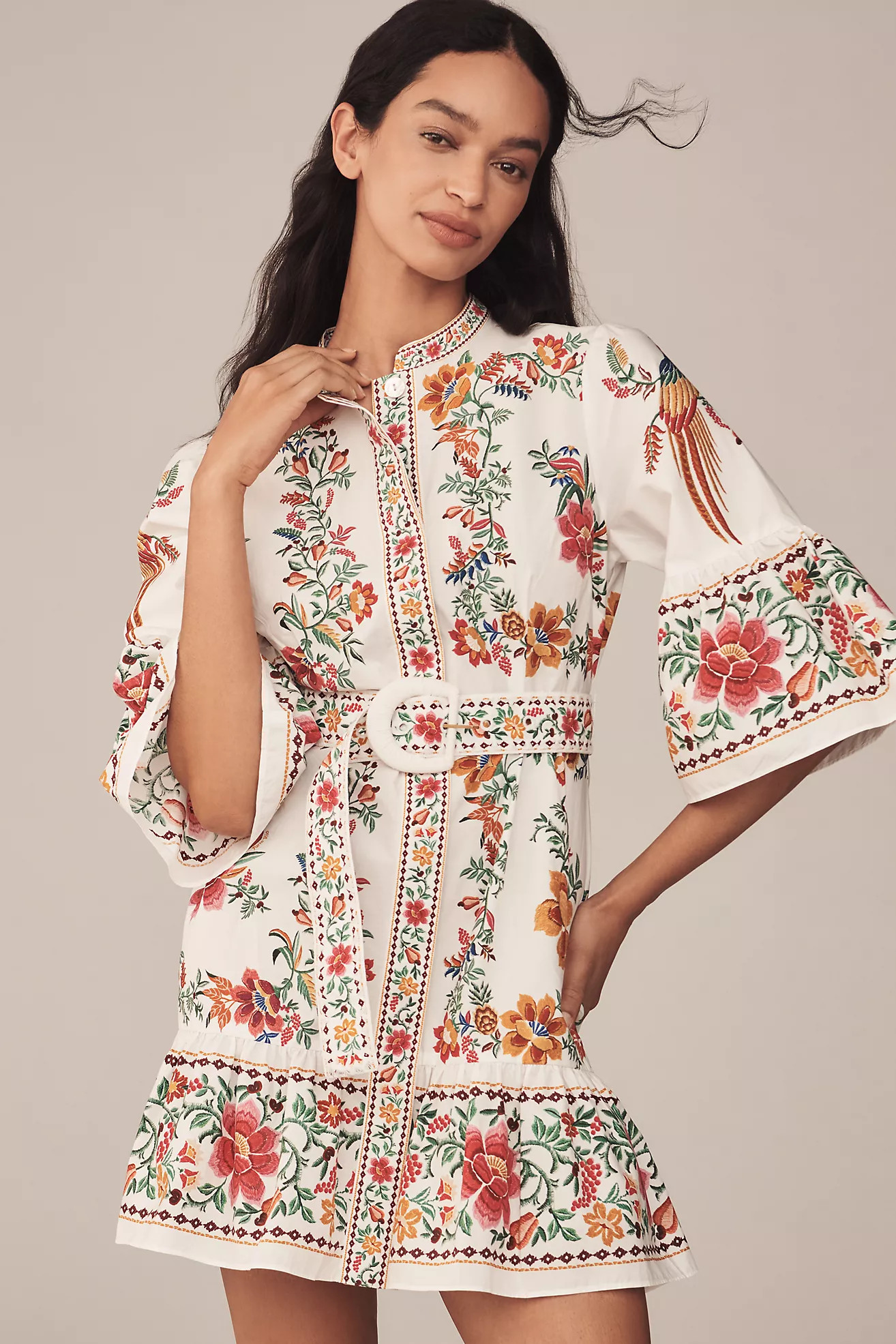 Farm Rio Delicate Forest Scarves Flared-Sleeve Mini Dress | Anthropologie (US)