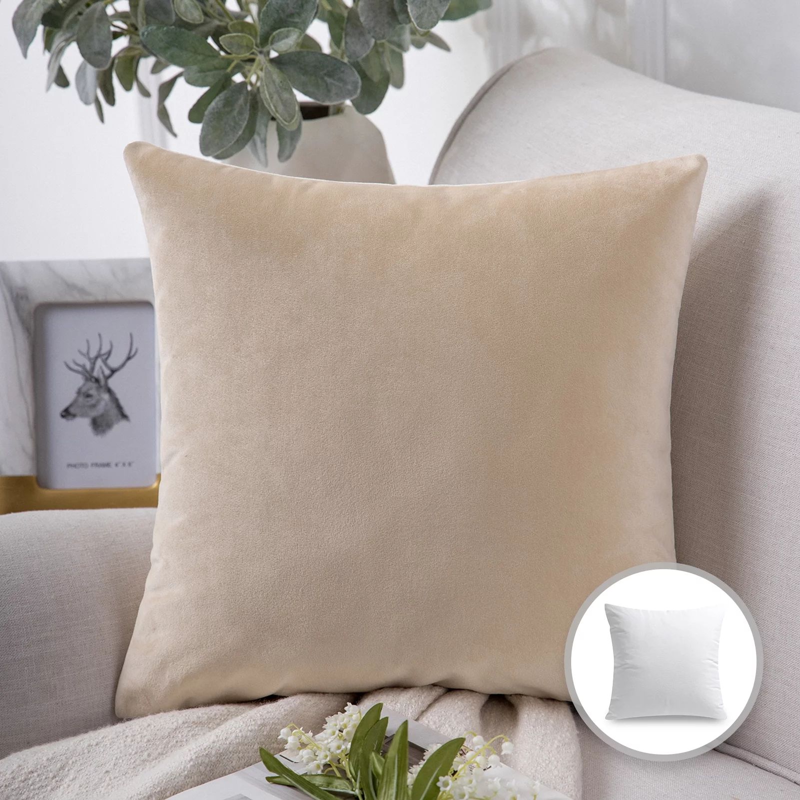 Phantoscope Soft Silky Velvet Series Decorative Throw Pillow, 22" x 22", Beige, 1 Pack | Walmart (US)