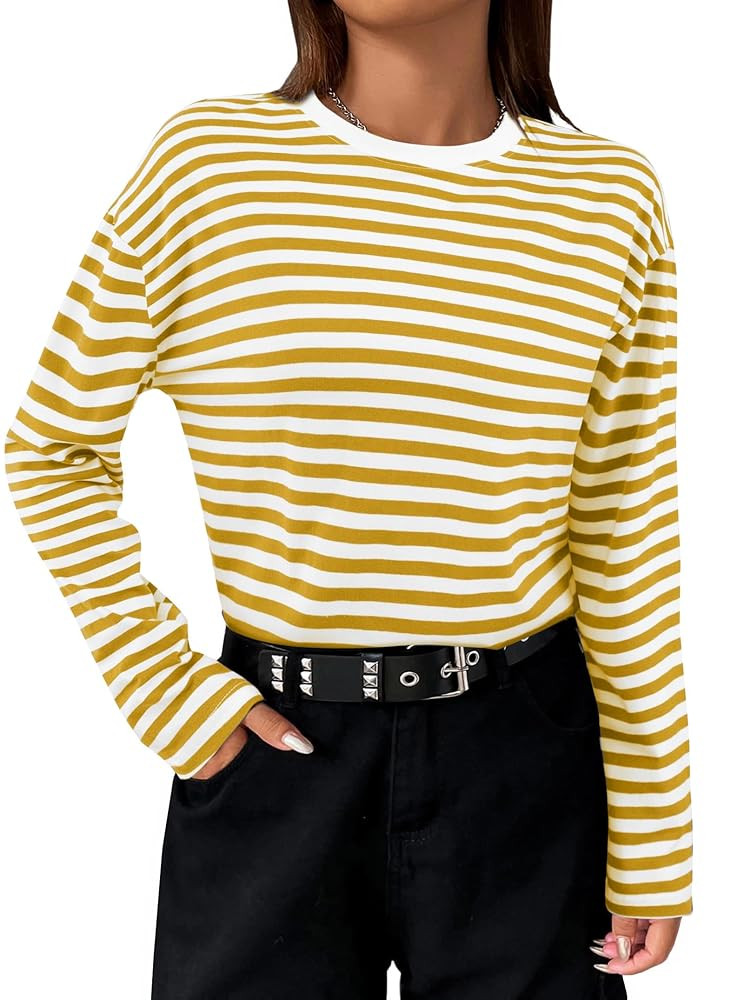 LilyCoco Womens Long Sleeve Striped Shirts Casual Color Block Crew Neck T Shirts | Amazon (US)