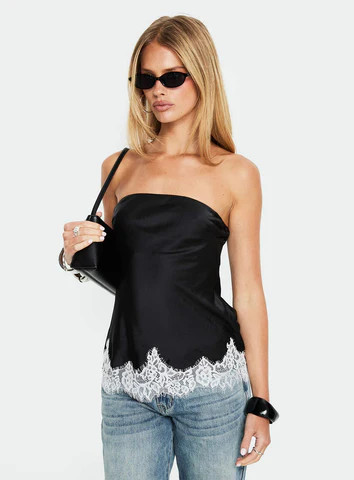 Fiorelle Strapless Lace Trim Satin Top Black / White | Princess Polly US