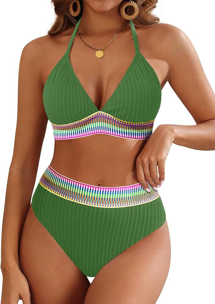 Women High Waisted Bikini Set - Push Up Two Piece Swimsuit Color Block Halter Bikini Ribbed 2025 ... | Amazon (US)