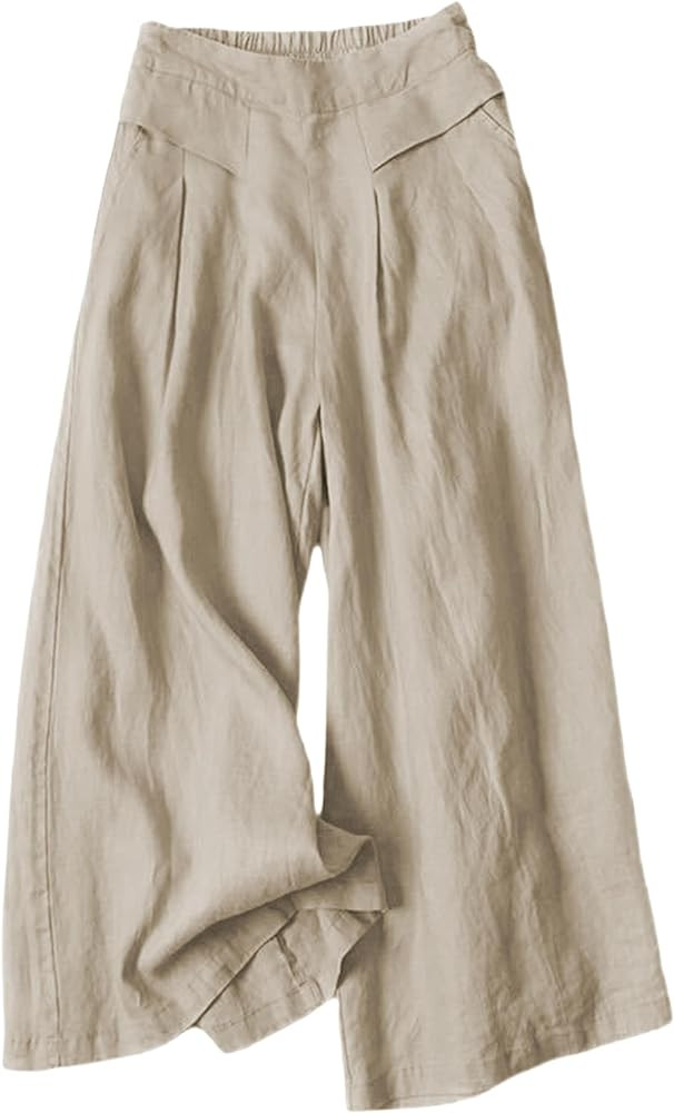Hooever Women's Cotton Linen Culottes Pants Elastic Waist Wide Leg Palazzo Trousers Capri Pant | Amazon (US)