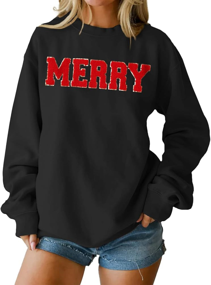 IZYJOY Christmas Women's Merry Graphic Sweatshirt Chenille Patch Letter Printed Crewneck Xmas Gif... | Amazon (US)
