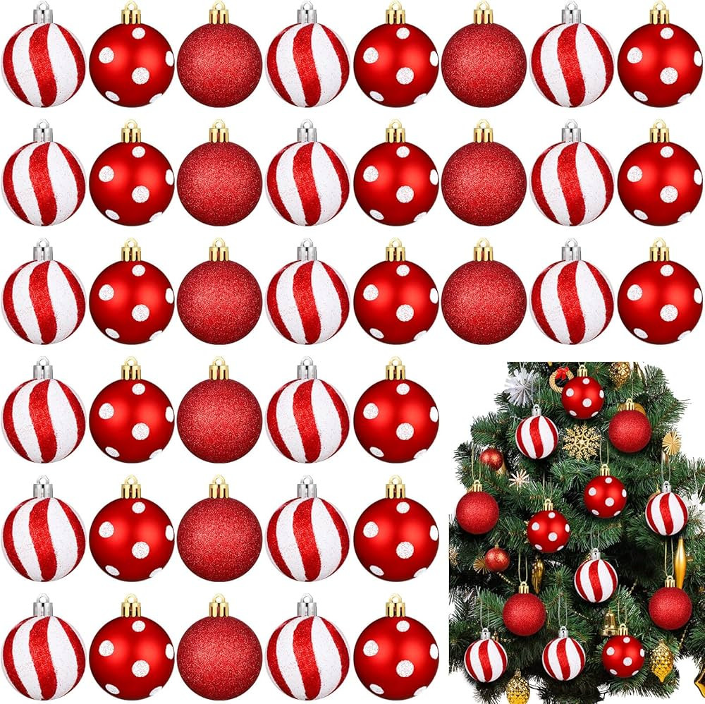 Lenwen 54 Pcs Christmas Balls Ornaments Mini Red and White Christmas Tree Ornaments Xmas Striped ... | Amazon (US)