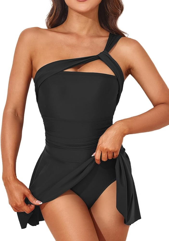 Aleumdr Women's Modest One Piece Swimsuit Ruched Swimdress Skirted Swimsuit One Shoulder Bathing ... | Amazon (US)