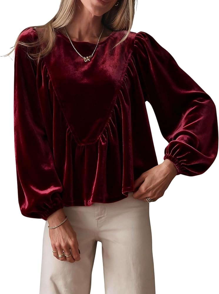 Gozoloma Women's Velvet Peplum Top Long Sleeve Babydoll Blouse Bubble Sleeve A-Line Swing Elegant... | Amazon (US)