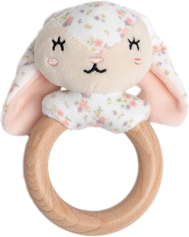Pearhead Floral Bunny Wooden Baby Teething Ring, Natural Wood & Plush Infant Teether Rattle, BPA-... | Amazon (US)