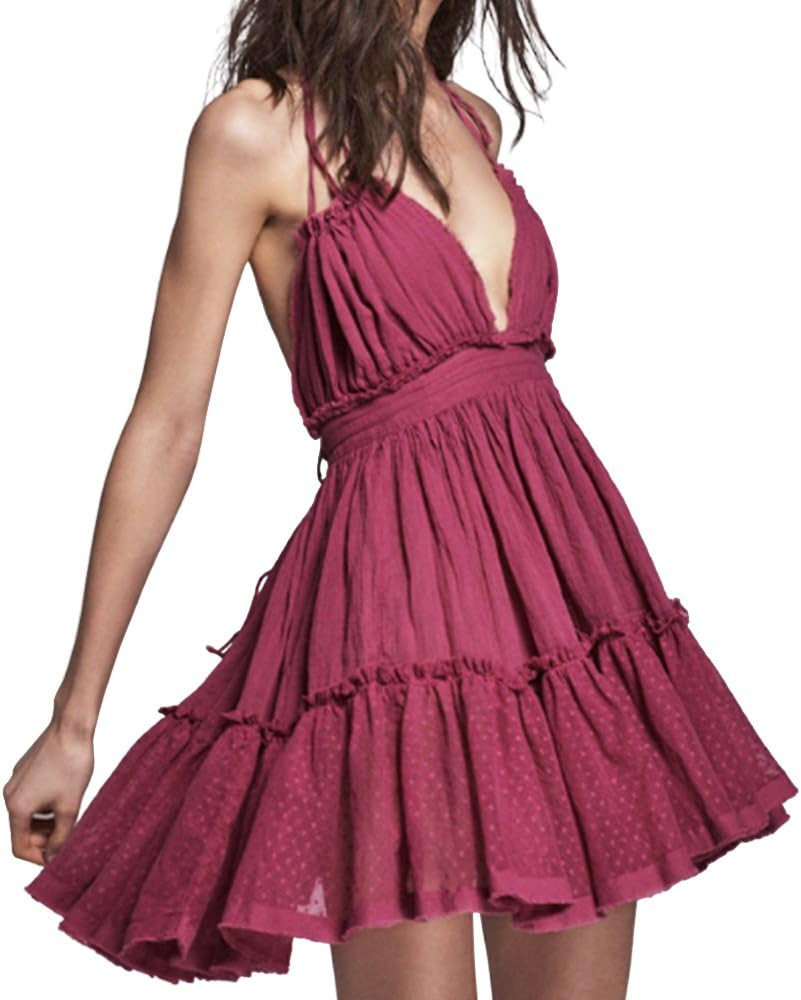 ForeMode Summer Deep V Neck Bohemian Women Mini Short Dress Backless Beach Boho Dress | Amazon (US)