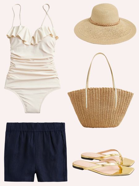 Cutest beach day look! Ruffle one piece swimsuit, navy pull on shorts, straw bag, gold sandals, raffia hat

#LTKfindsunder100 #LTKsalealert #LTKswim