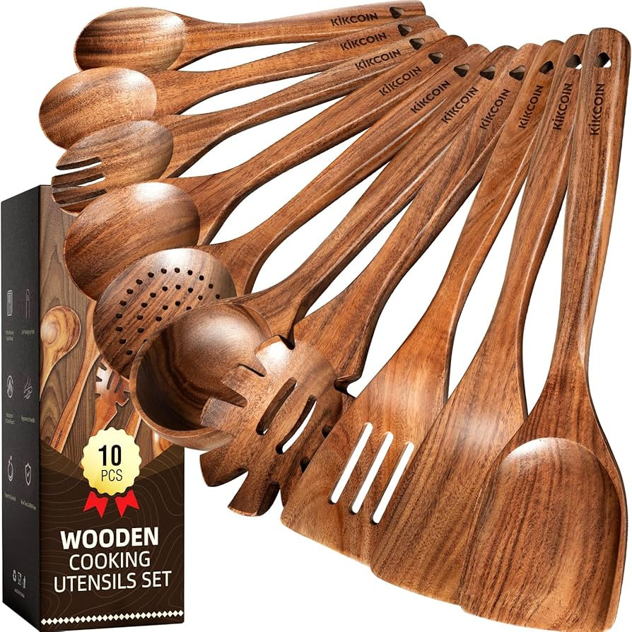 Kikcoin Wood Kitchen Utensils Set, 10 PCS Solid Teak Wooden Spoons for Cooking with Long Handle H... | Amazon (US)