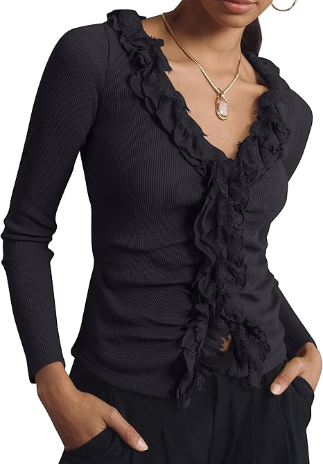 Long Sleeve Rib Knit Button Down Ruffles Tops Shirts for Women Casual V Neck Y2k Fitted Top 2024 ... | Amazon (US)