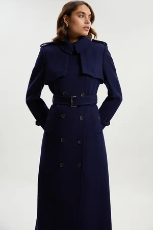 Wool Pu Mix Tailored Belted Trench Maxi Coat | Karen Millen UK + IE + DE + NL