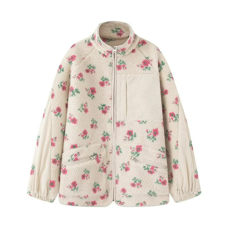 NANAIQ Berber Fleece Jackets For Women Floral Printed Womens Fall Clothes Zip Up Crew Neck Coat W... | Walmart (US)